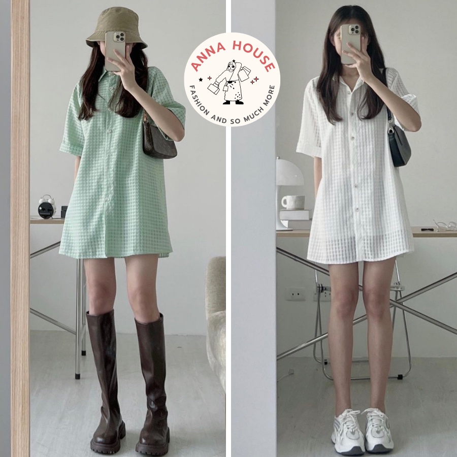 Váy sơ mi kẻ xốp dáng ngắn tay lỡ form rộng kèm lót váy 2 dây, Đầm sơ mi dáng suông tay ngắn họa tiết đan thừng Ulzzang