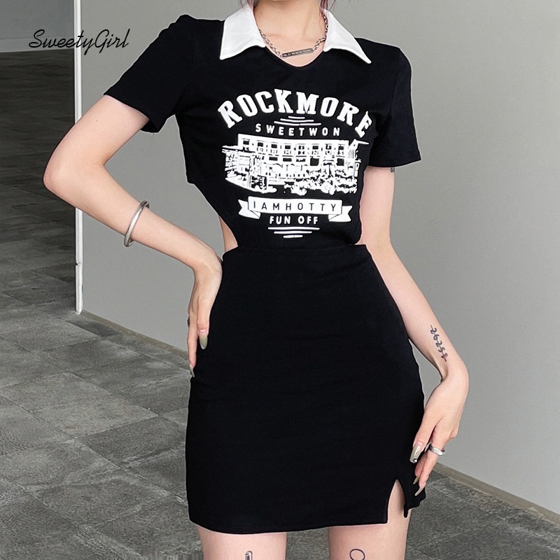 Đầm Cổ Chữ V Tay Ngắn Dáng Ôm In Chữ Phối Màu Tương Phản Thời Trang Cho Nữ 2022