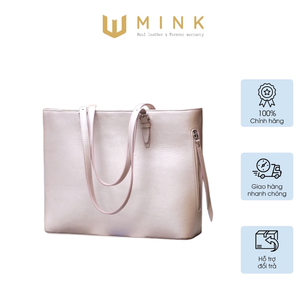ANORA-Túi Tote MINK da bò thật nguyên tấm lớp 1 cao cấp màu Be hồng ánh kim -KX32-06