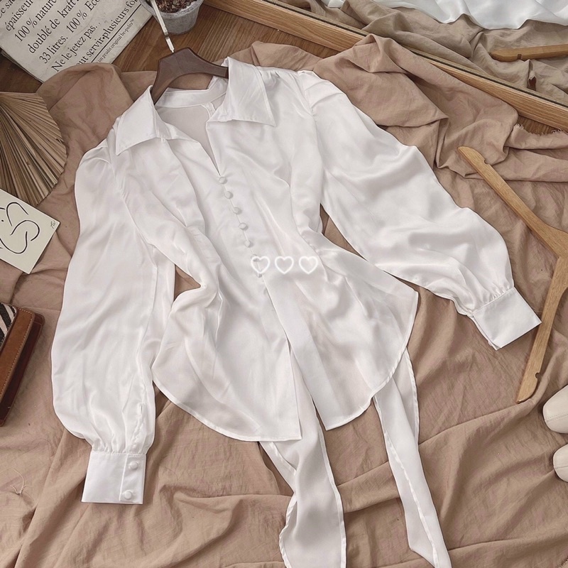 Áo sơ mi kiểu tay phồng nút bọc cột nơ phía sau hottrend | BigBuy360 - bigbuy360.vn