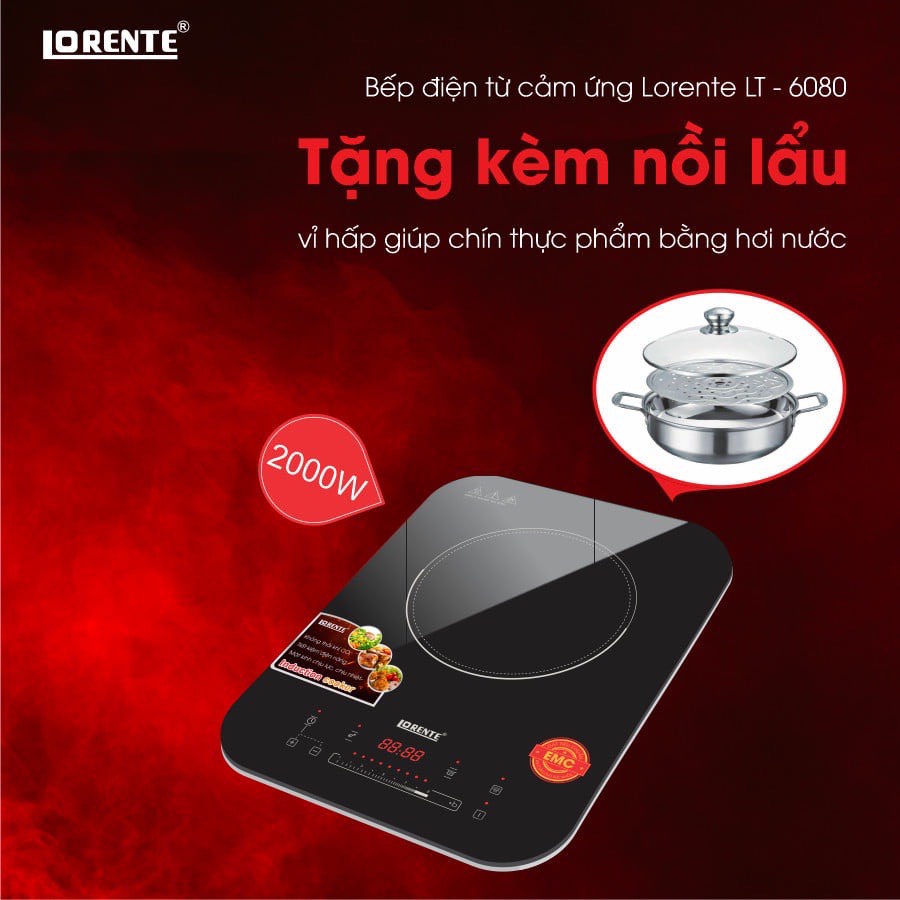 Bếp từ Lorente LT-6080 tặng kèm nồi lẩu - Hàng chính hãng, bảo hành 12 tháng