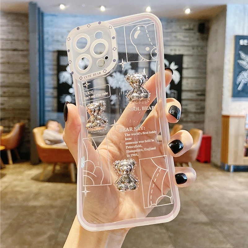 Ốp lưng ip silicon viền bảo vệ camera hình cute gấu đá nổi bạc sang trọng dành cho ip