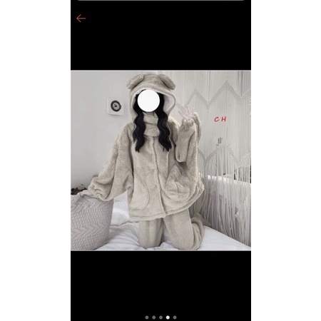 Bộ Lông Gấu có Túi Vòng Cổ mùa Đông🌸Đồ nữ ngủ Ullzang☘️Lông cừu giữ nhiệt, dày dặn, set mặc nhà | BigBuy360 - bigbuy360.vn