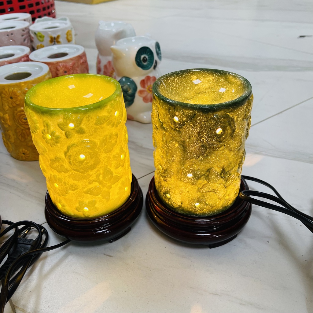 Đèn xông tinh dầu sứ thấu quang Bát Tràng hình trụ men đá