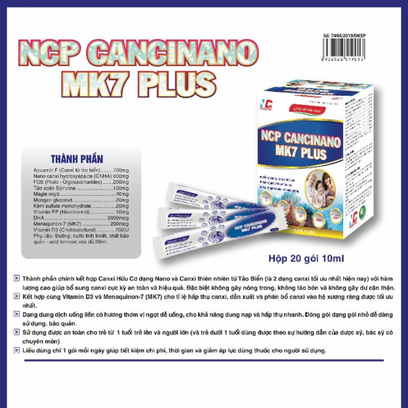 Gel uống canxi hữu cơ NCP CANXINANO MK7 PLUS Bổ sung canxi cho trẻ còi xương, chậm lớn - Hộp 20g