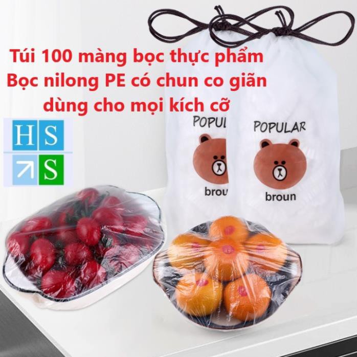 Túi 100 màng bọc thực phẩm nhựa PE trong suốt an toàn vệ sinh, Bọc nilong bảo quản trái cây có chun co giãn tiện lợi