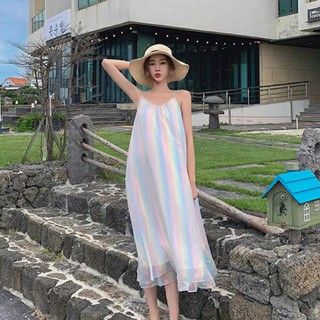 Đầm Đi Biển Màu Cầu Vồng Hai Lớp Thích Hợp Mặc Đi Biển Đi Dạo