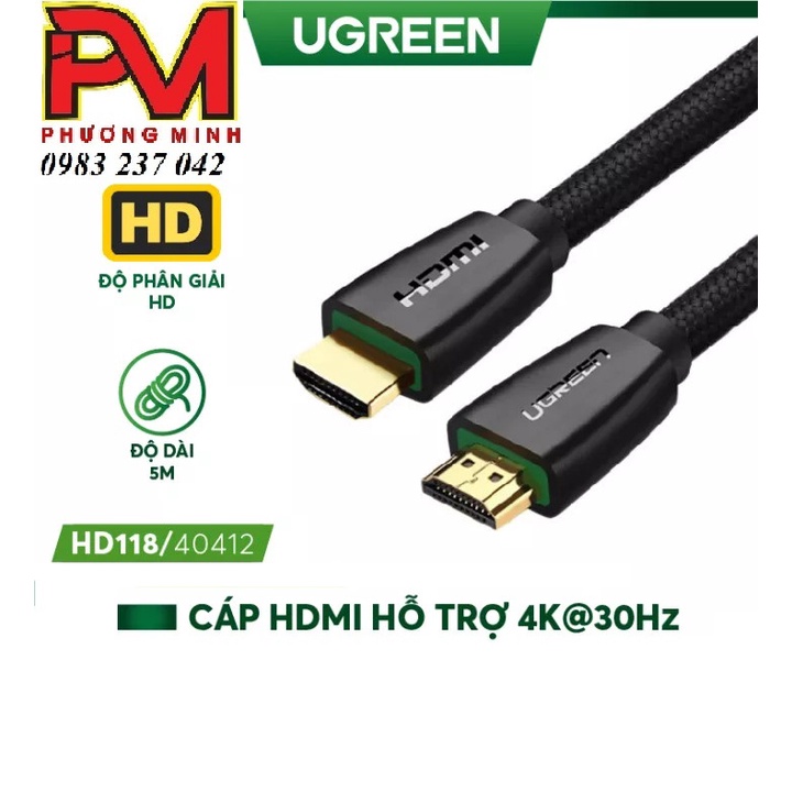 Cáp HDMI 5m chuẩn 2.0 Chính hãng Ugreen 40412 hỗ trợ 3D, 4K cao cáp - Hàng chính hãng