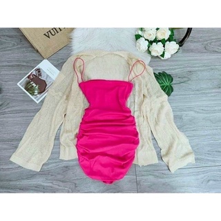 Đầm 2 dây ôm body nhún sườn chất vải thun Borip Free Size dưới 53kg, váy ngắn sexy nữ