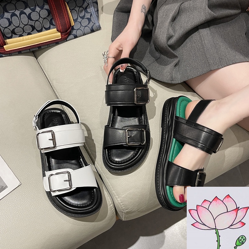 Giày Sandal Hở Ngón Đế Dày Quai Ngang Hở Ngón Cài Khóa Kim Loại Thời Trang Mùa Hè Hàn Quốc 2022 Mới Cho Nữ