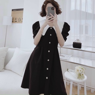 Đầm váy freesize đen nút ngọc cổ trắng