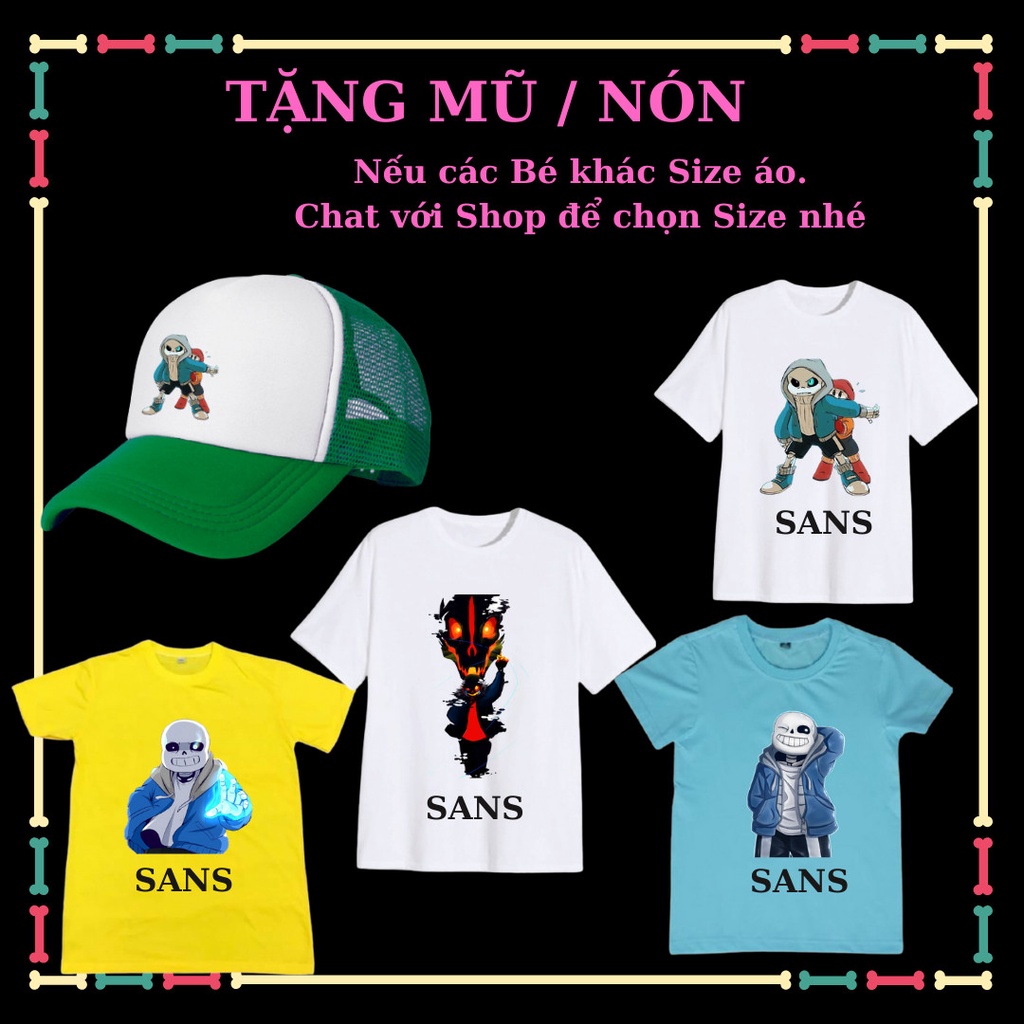 Combo 4 áo thun cộc tay Sans, Error Sans, Ink Sans trẻ em, kèm Mũ lưỡi trai Sans siêu ngầu.