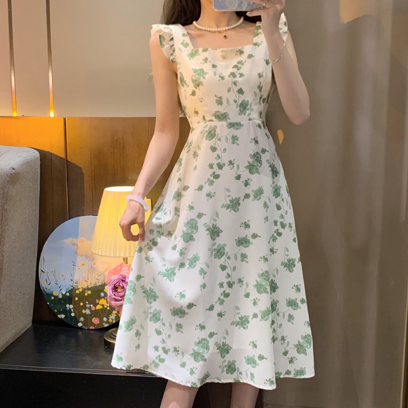 Đầm Dáng Chữ A Cổ Vuông Thiết Kế Mỏng Họa Tiết Hoa Xinh Xắn Thời Trang Mùa Hè