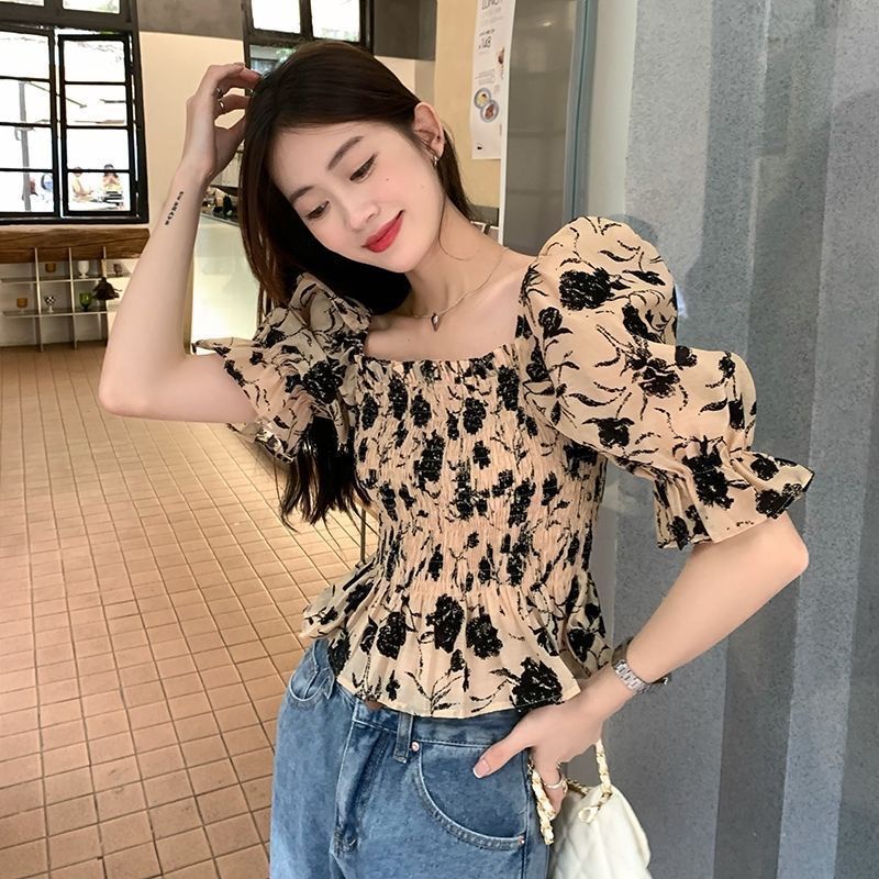 Áo Kiểu Chiffon Cổ Vuông Họa Tiết Hoa Phong Cách Retro