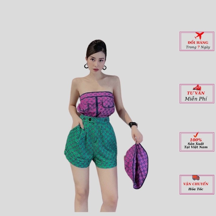 Set đồ nữ áo trễ vai quần short cạp cao xanh mũ kiểu hàn thời trang nữ 2021 cao cấp phong cách FoLo-Fashion