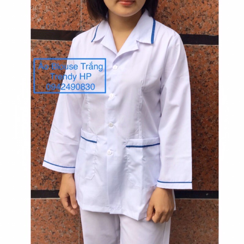 Áo blouse trắng điều dưỡng nam nữ dài tay có viền xanh- áo điều dưỡng, y tá