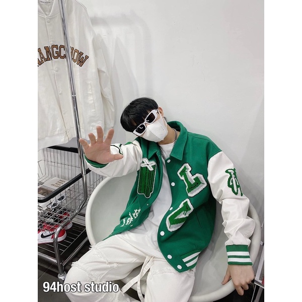 VARSITY JACKET BOMBER VL - Áo khoác nỉ lót bông LV Xanh Lá Siêu Hot