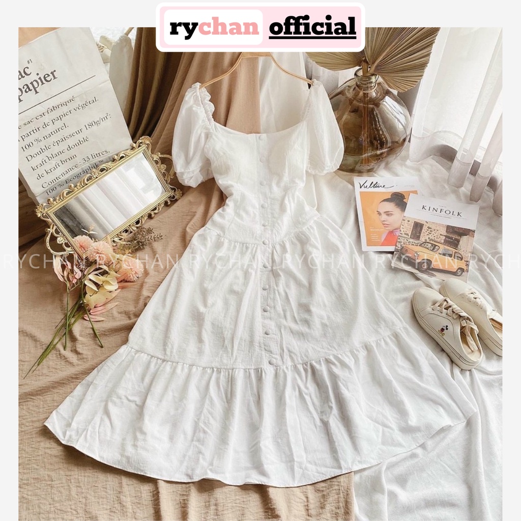 Đầm Maxi Trắng Đi Du Lịch Biển Cổ Vuông Nút Bọc 3 Tầng Lót Trong Dày Dặn [Ảnh Thật Cuối] - DX0038