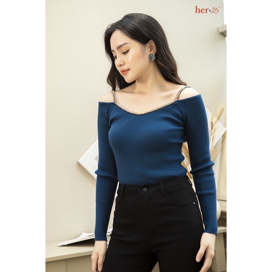 Áo trễ vai dây xích vàng xanh 660019