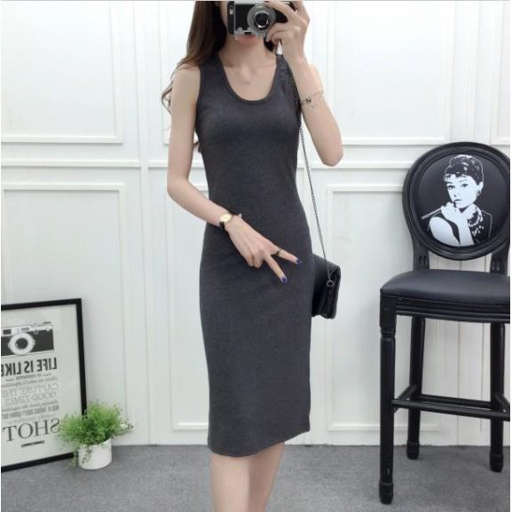 Đầm body thun 3 lỗ gân xẻ tà- Camlyn