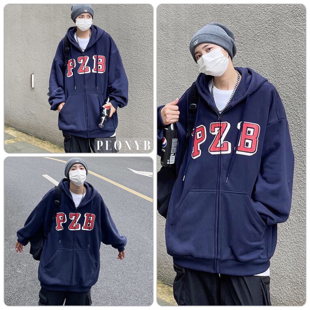 Áo Khoác Nỉ Ngoại Pzb PEONYB Unisex [FREESHIP] Hoodie zip form rộng tay bồng in chữ vintage kiểu dáng đường phố hàn quốc