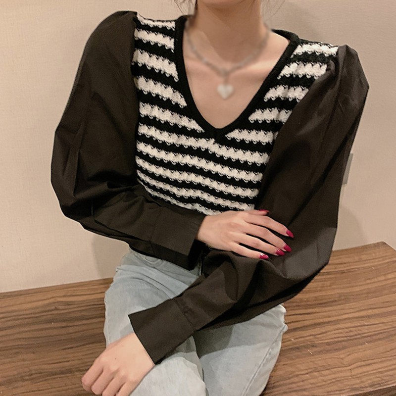 Áo Sweater Dài Tay Cổ Chữ V Kẻ Sọc Xinh Xắn Dành Cho Nữ