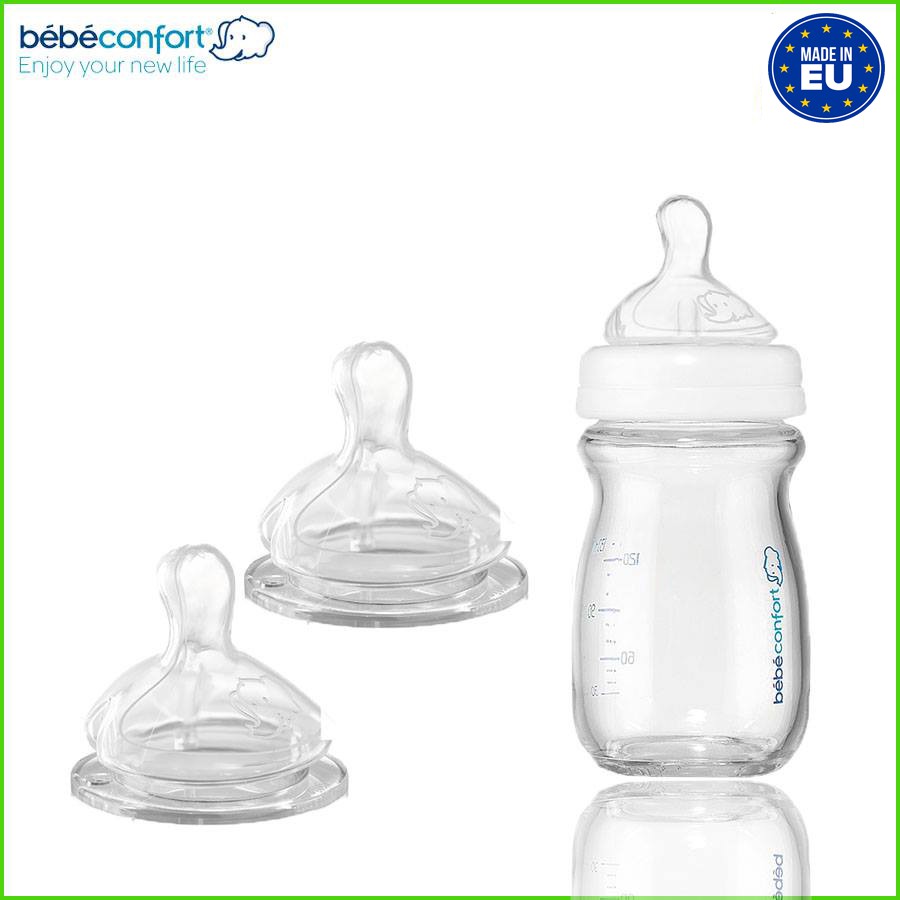 Bình sữa cho bé sơ sinh chống sặc nhập khẩu cổ rộng Bebeconfort thủy tinh made in Pháp 130ml &amp; 270ml