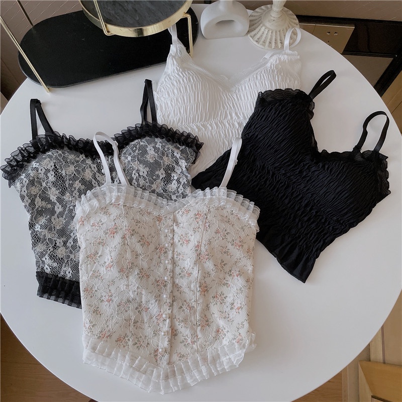 Áo hai dây phối ren hoa ngọt ngào có đệm ngực và thắt lưng tự làm cho nữ