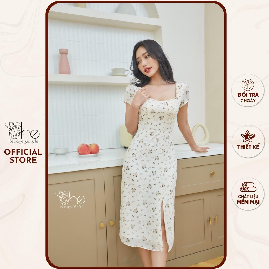 Váy đầm hoa nhí suông xẻ tà She, váy hoa voan cột dây lưng thanh lịch SDX128