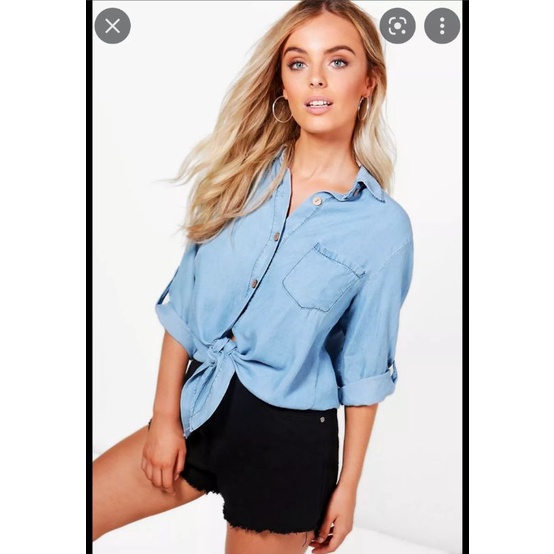 Áo sơ mi denim VNXK jeans blouse tie front áo bò jean giấy tay dài cột nơ trước xuất khẩu dư xịn