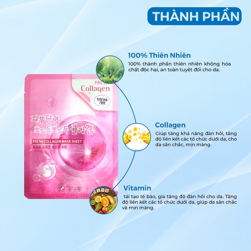 Combo 10 Túi Mặt Nạ Giấy Collagen Dưỡng Da 3W Clinic Hàn Quốc Chiết Xuất Từ Collagen Giúp Da Trắng Sáng Mềm Mịn 23mlx10