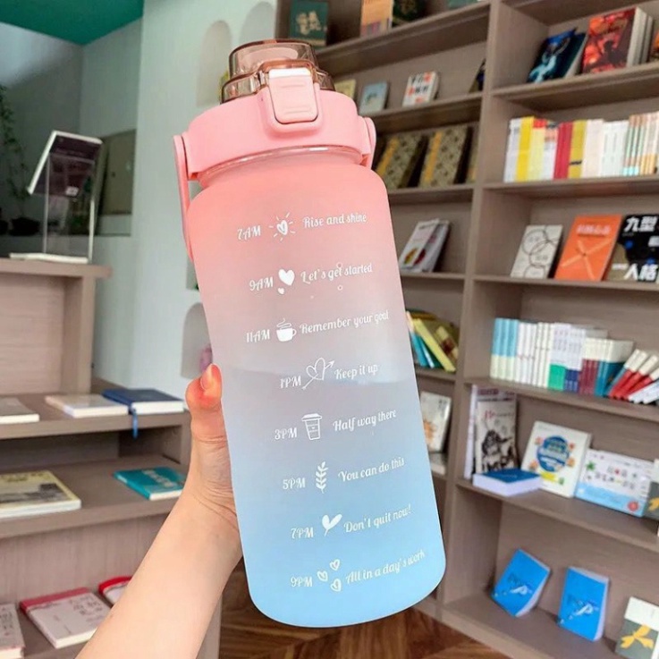 Bình nước 2 lít có vạch báo giờ dành cho người tập gym, thể thao, văn phòng, bình đựng nước cute có vòi hút tiện lợi