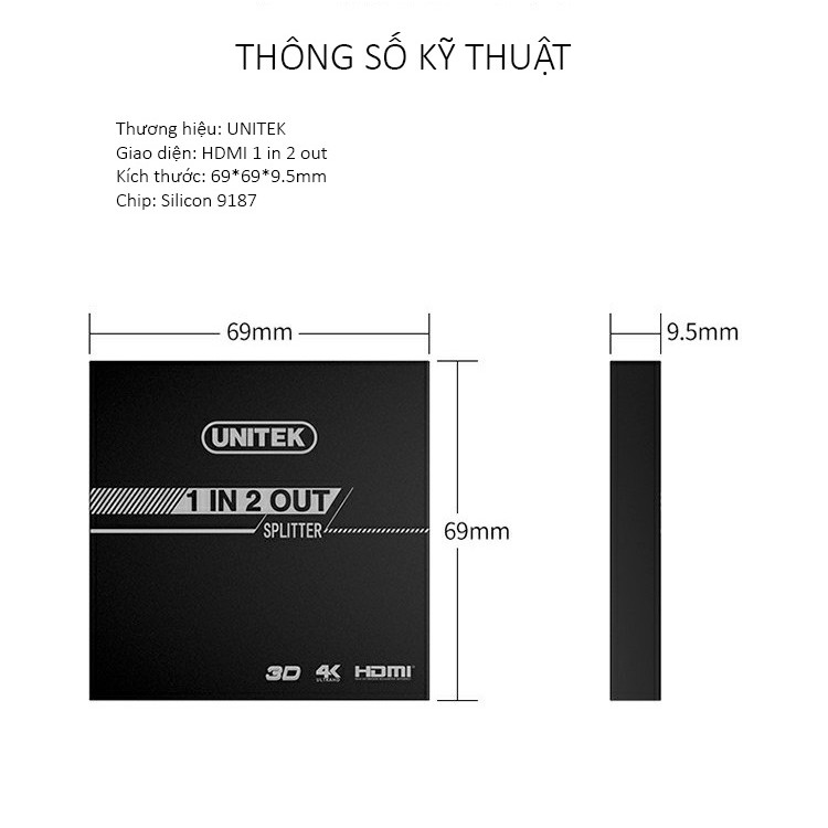 Bộ Chia HDMI 1 Ra 2 Cổng UNITEK V116A Hỗ Trợ 4K Cao Cấp