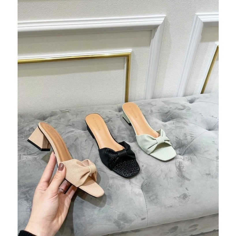 [Có sẵn] Guốc nữ da cá cao cấp thắt nơ tiểu thư gót chéo cao 5p sang chảnh