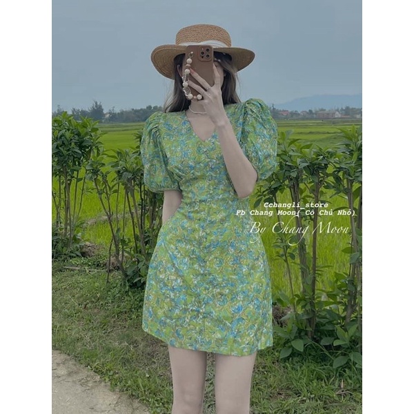 ẢNH THẬT 🌼 VÁY HOA XANH LÁ CỔ TIM CÚC BỌC TAY BỒNG 🌼