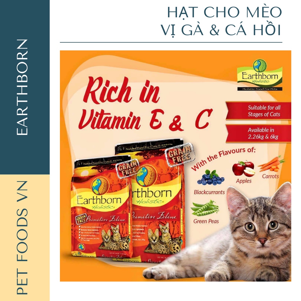 Hạt cho mèo EARTHBORN Primitive Feline 6kg vị Gà, Cá Hồi &amp; Cá Trích