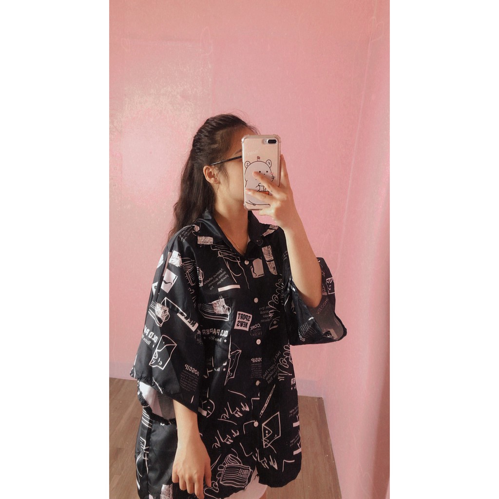 Áo sơ mi in hình học cổ bẻ tay lỡ unisex phom thụng ulzzang