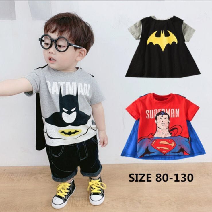 Batman Kid's Superhero Costume Shirt Kids Puzle Toy 3-8y Superhero Baju+cape Superman Batman Top+mantle Baby Children's Cotton Fashion Short Sleeve Tee Shirt Blouse Boys Clothes