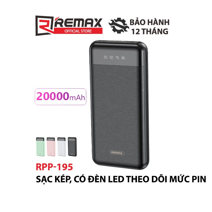 Pin sạc dự phòng Remax RPP-195 20000mAh 2 cổng USB tích hợp màn hình LED hiển thị dung lượng