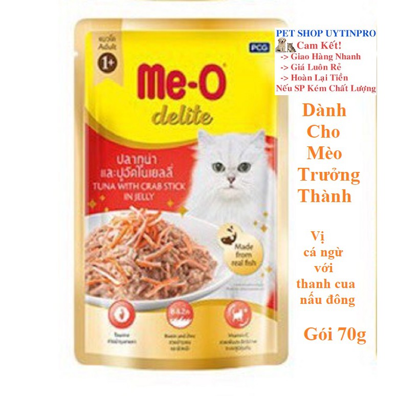 THỨC ĂN CHO MÈO Me-O delite Dạng Pate Vị cá ngừ với thanh cua nấu đông Gói 70g Xuất xứ Thái Lan