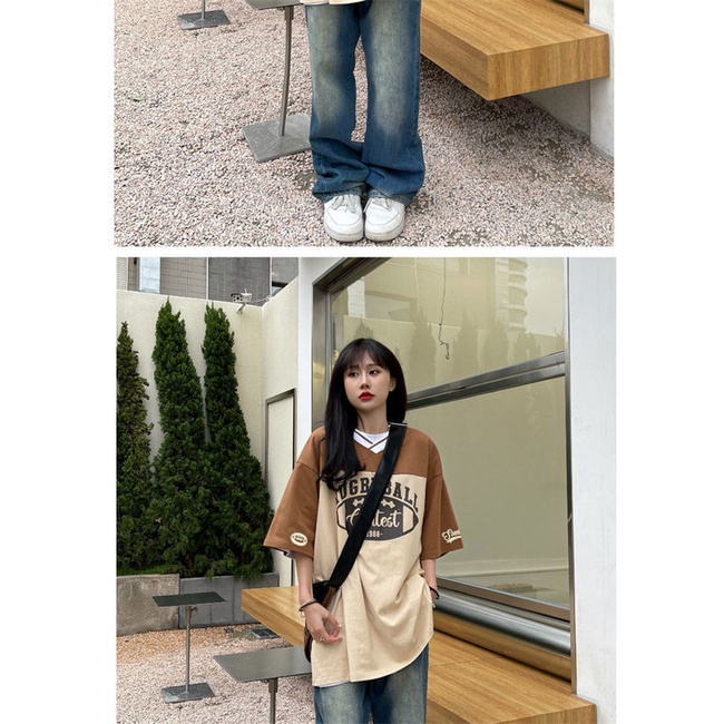 Áo thun cổ chữ V tay ngắn phối màu cổ điển họa tiết chữ phong cách châu Mỹ thời trang dáng rộng cho nữ