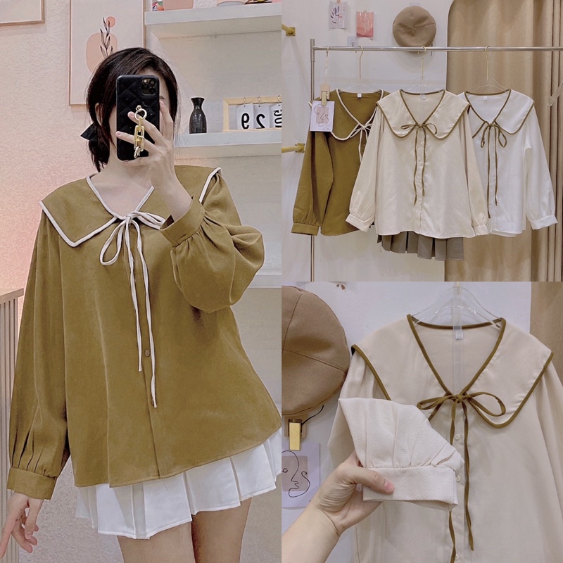 Áo sơ mi nhung cổ sen viền bèo yoome cloting