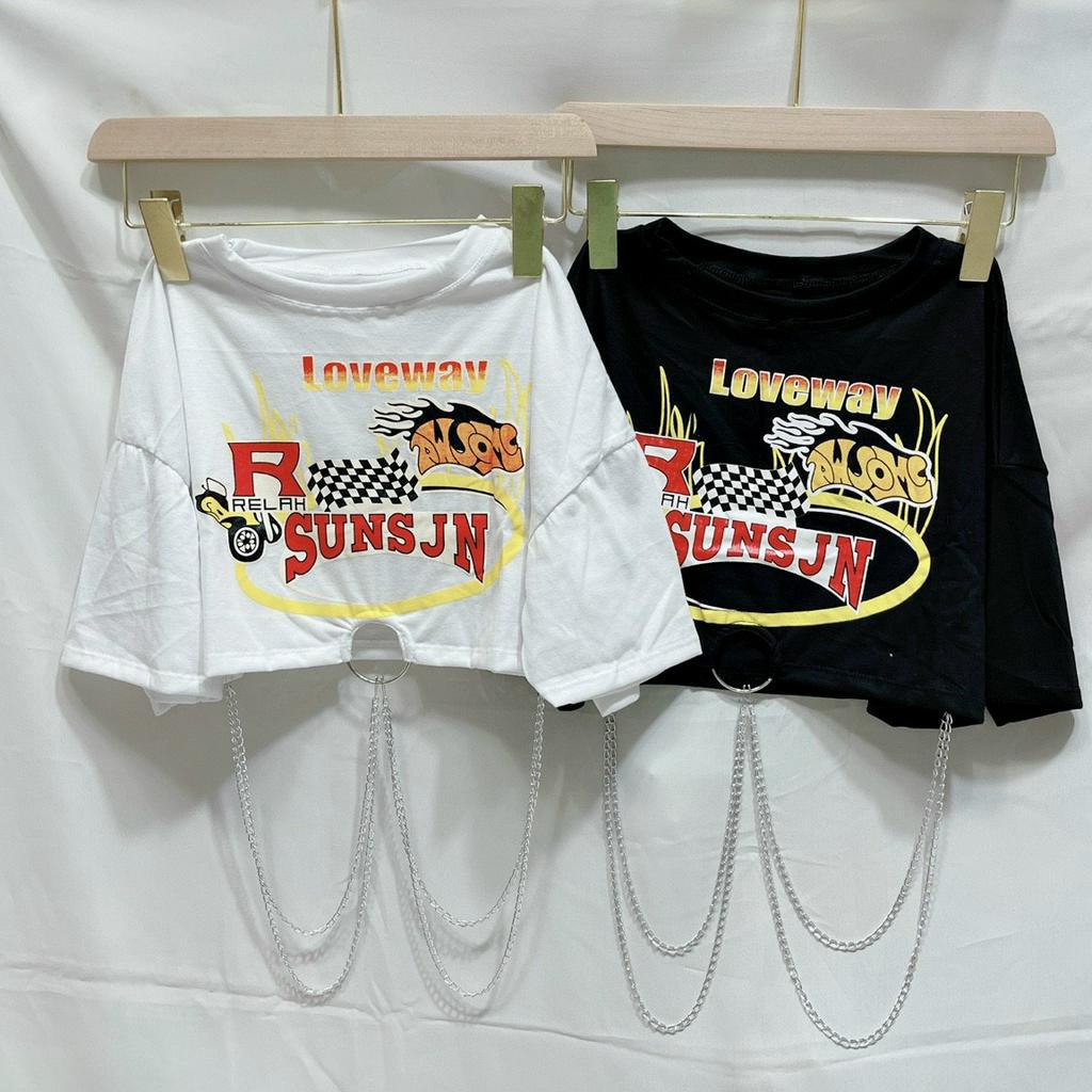 áo croptop khoen xích eo sợi in hình xe cá tính