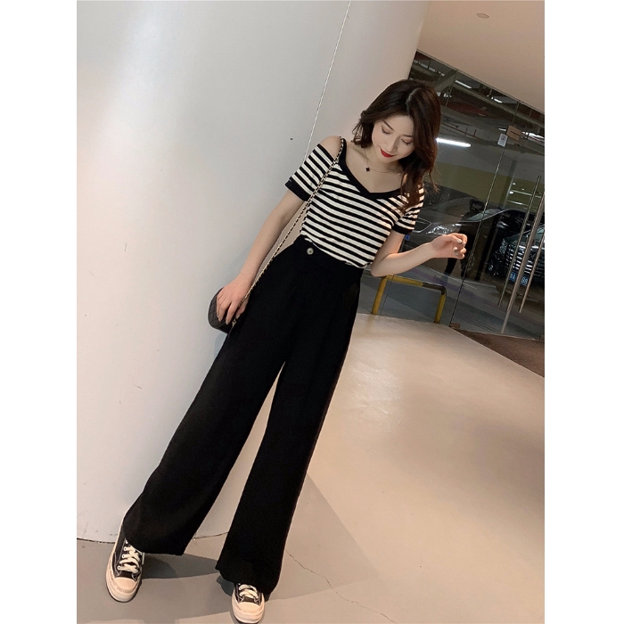 SUXI Áo dệt kim nữ trễ vai kẻ sọc kiểu Hàn Quốc