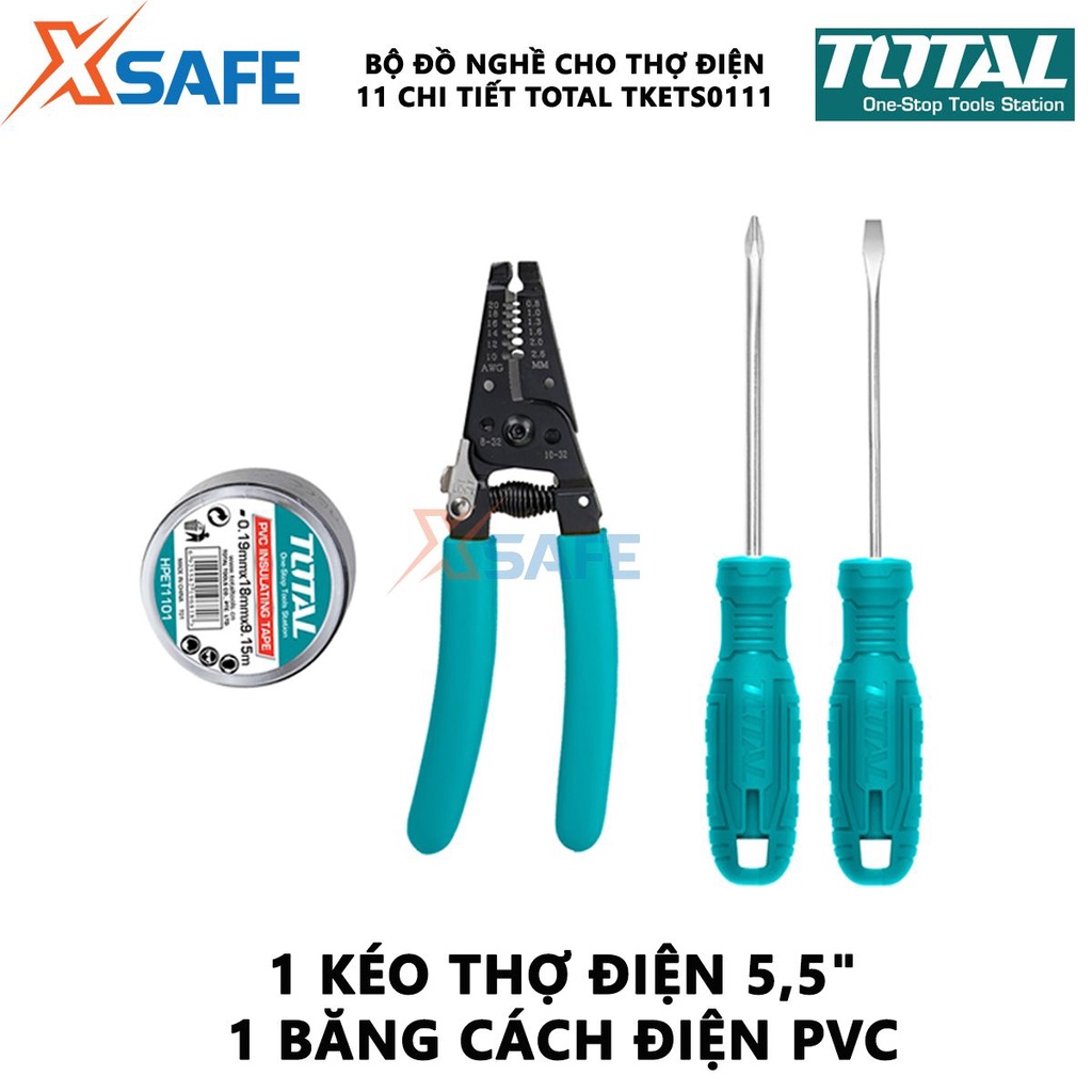 Bộ đồ nghề cho thợ điện 11 chi tiết TOTAL TKETS0111 dụng cụ cầm tay gồm kéo thợ điện, tua vít, mỏ lết,...