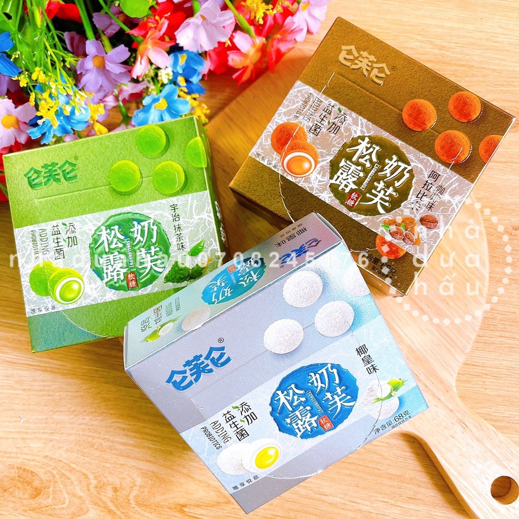 Một hộp kẹo trà sữa trân châu 3 vị dừa/ cacao/ matcha Hongkong hộp giấy 68g