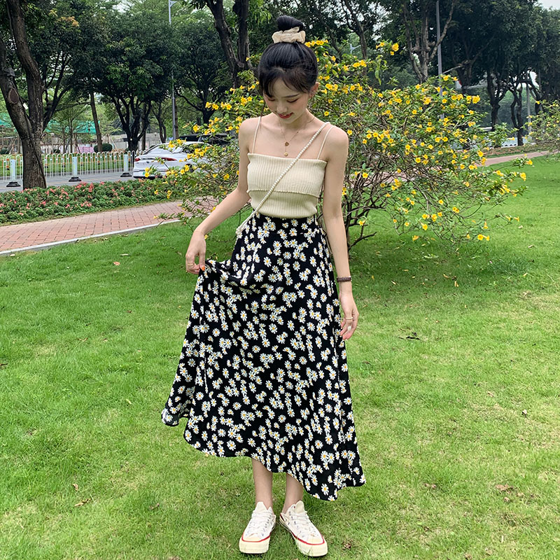 Chân váy midi nữ cạp cao retro 2021, Chân váy nữ dáng dài xòe màu qua gối màu đen phối hoa nhí thời trang hàn quốc | BigBuy360 - bigbuy360.vn