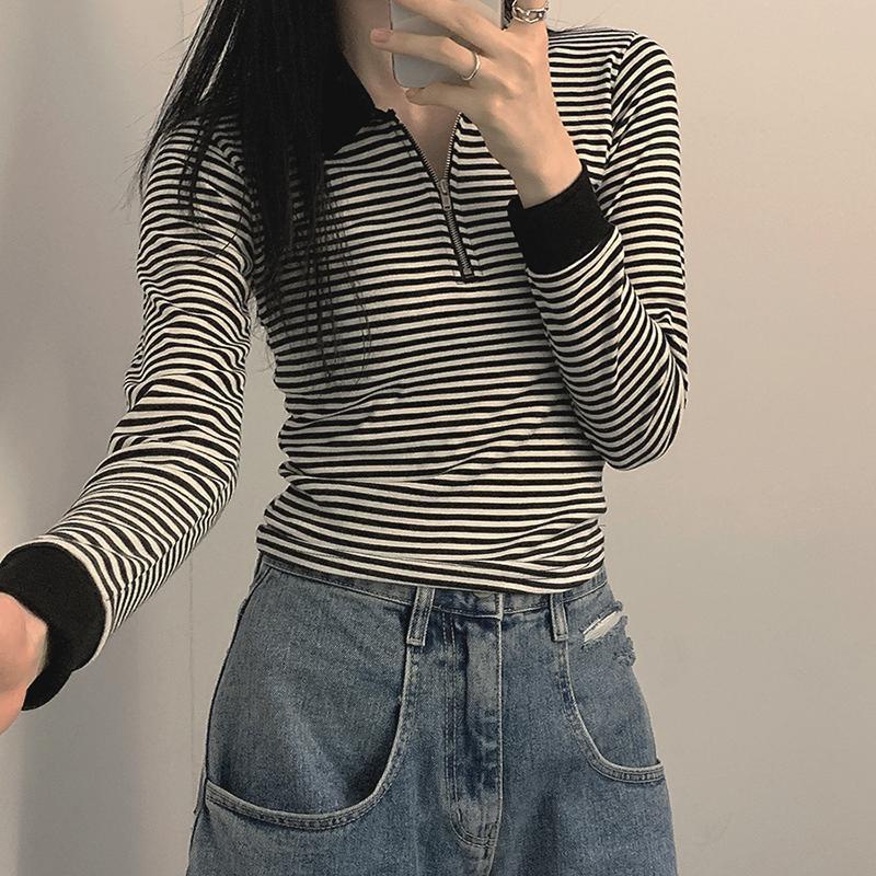 Women's fashion striped zipper long-sleeve t-shirt