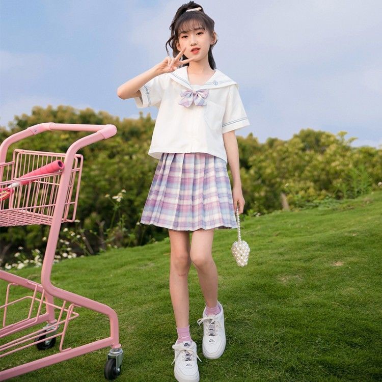 ✶◑> Đồng phục JK trẻ em mùa hè cho bé gái 12 tuổi Phong cách đại học Nhật Bản 10 thủy thủ tiểu học ngắn tay Váy xếp ly