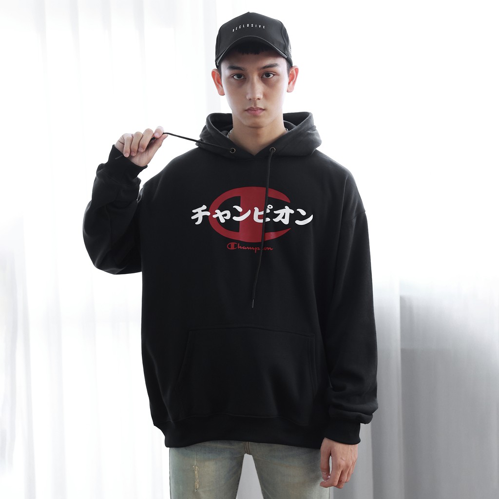 Áo Hoodie In Chữ Champion Nhật Sắc Nét Phía Trước - Chất Vải Nỉ Bông Cotton - Form Rộng Rãi Unisex Nam Nữ - Màu Đen